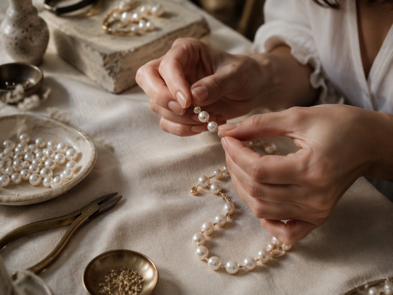 Hands threading pearls onto a bracelet at an atelier workbench