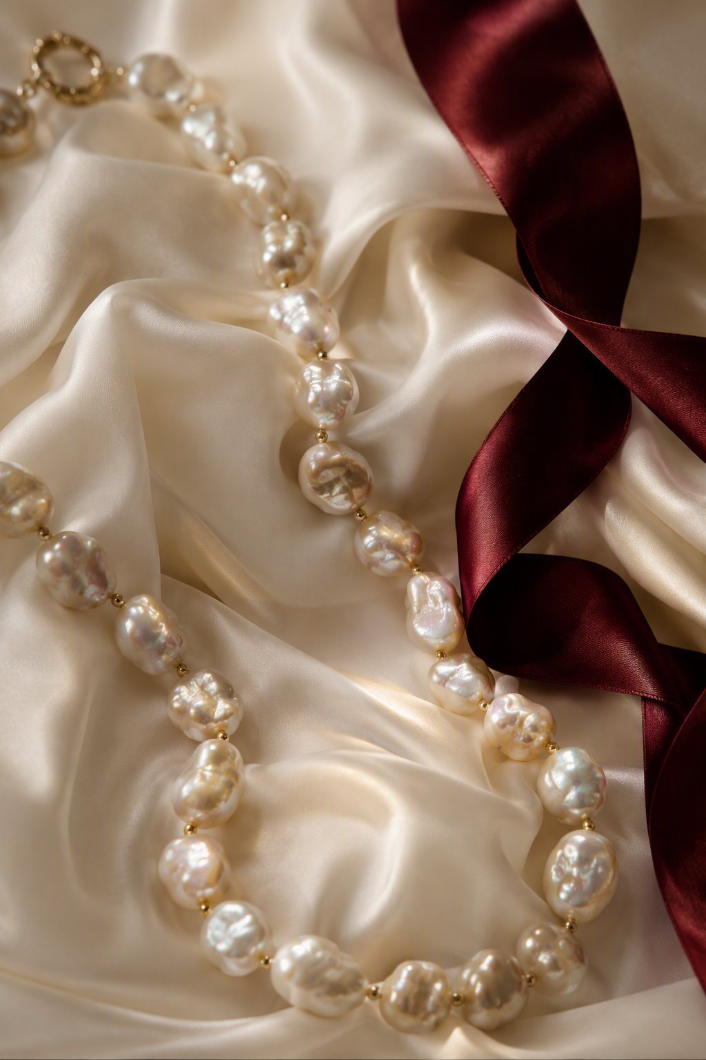 A handcrafted pearl necklace draped over ivory silk with a deep burgundy ribbon