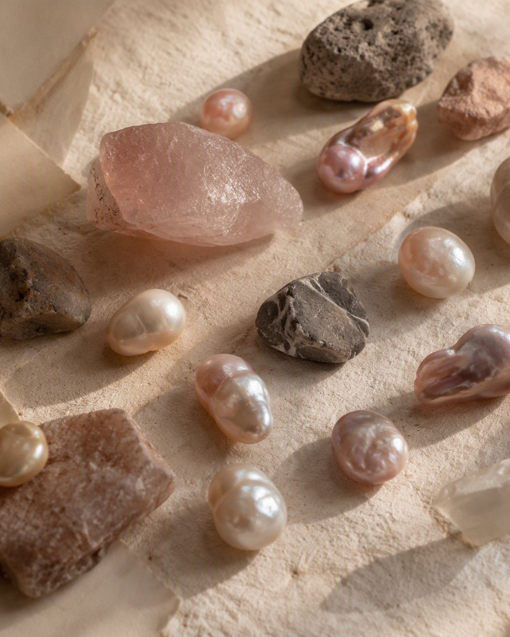 Freshwater pearls and natural stones arranged on ivory paper