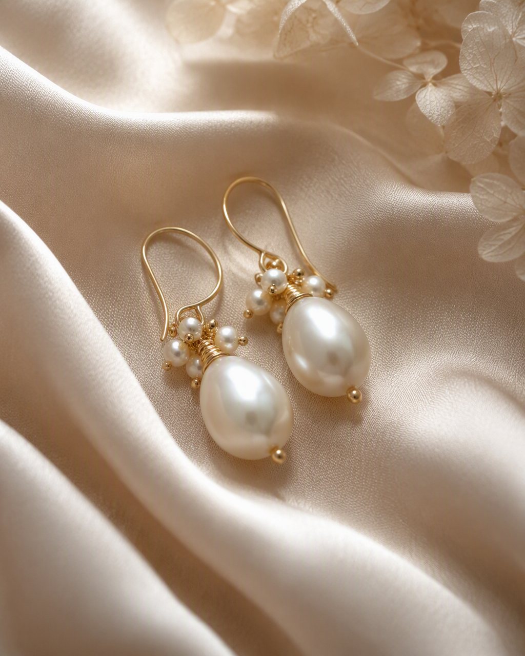 Delicate handcrafted pearl drop earrings on champagne silk