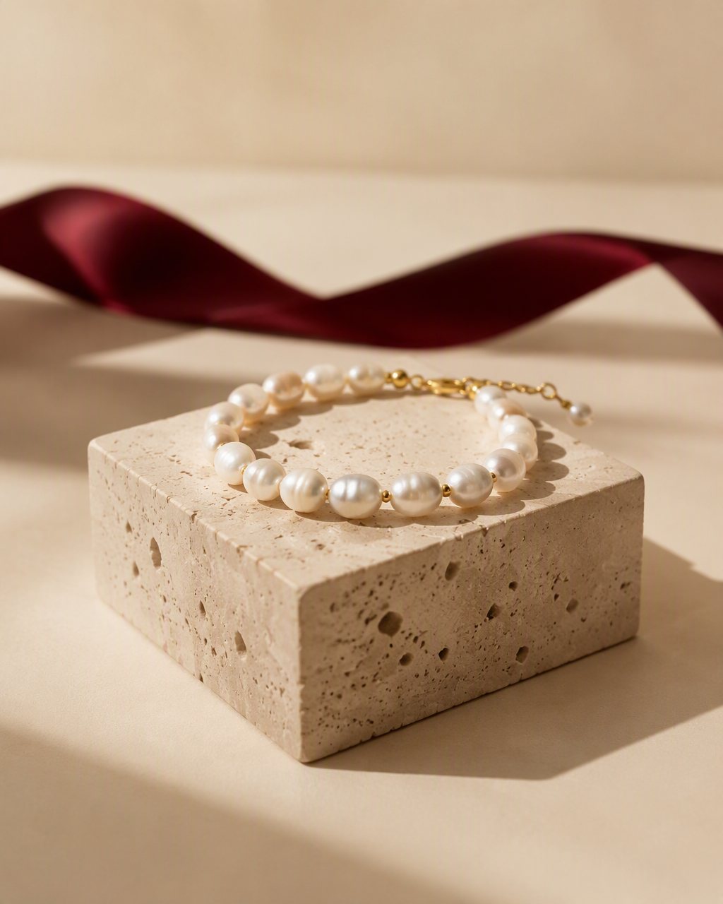 A handcrafted pearl bracelet resting on a travertine pedestal