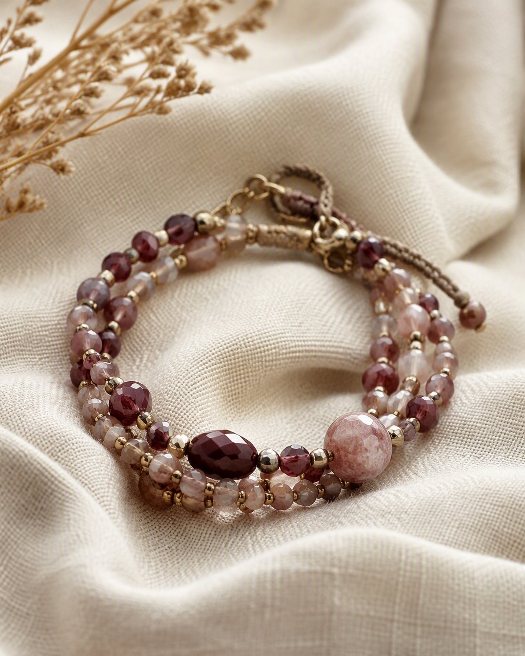 A handcrafted beaded stone bracelet in wine and blush tones on ivory linen