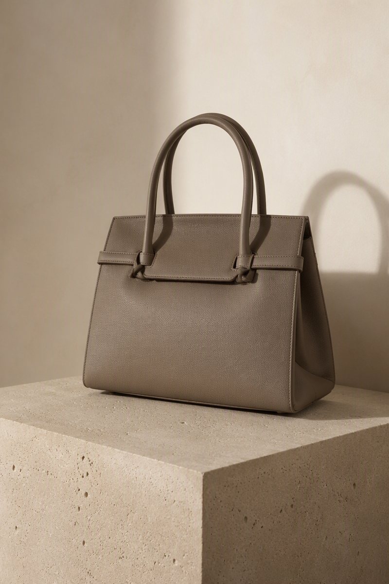 An elegant taupe handbag on a stone plinth against an ivory wall