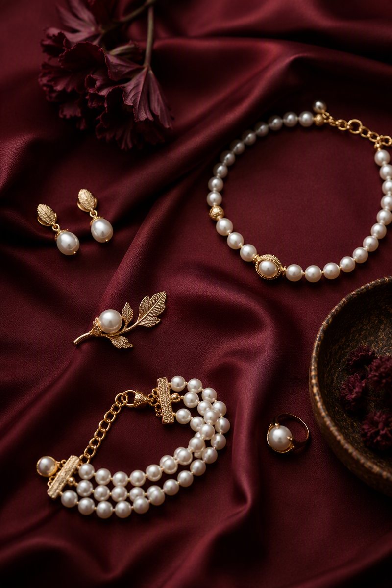 Handcrafted pearl jewelry arranged on deep burgundy silk
