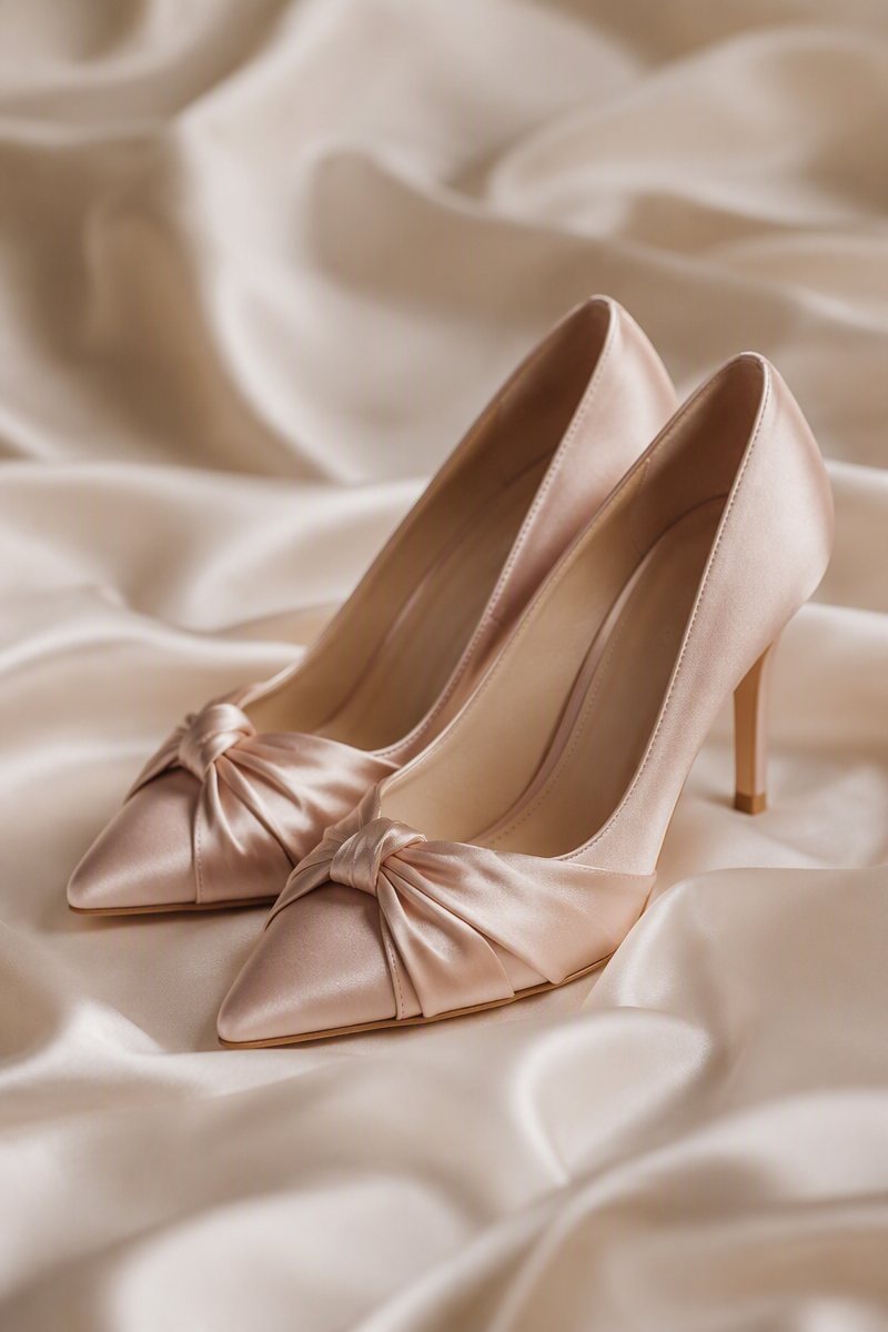 A pair of blush satin heels resting on ivory silk